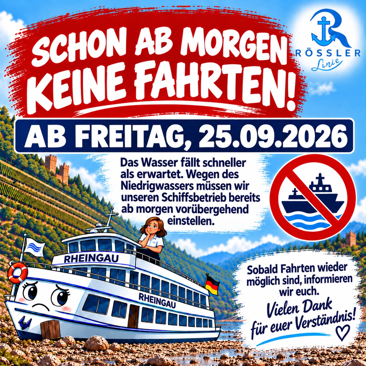 Niedrigwasser extrem - keine Fahrten