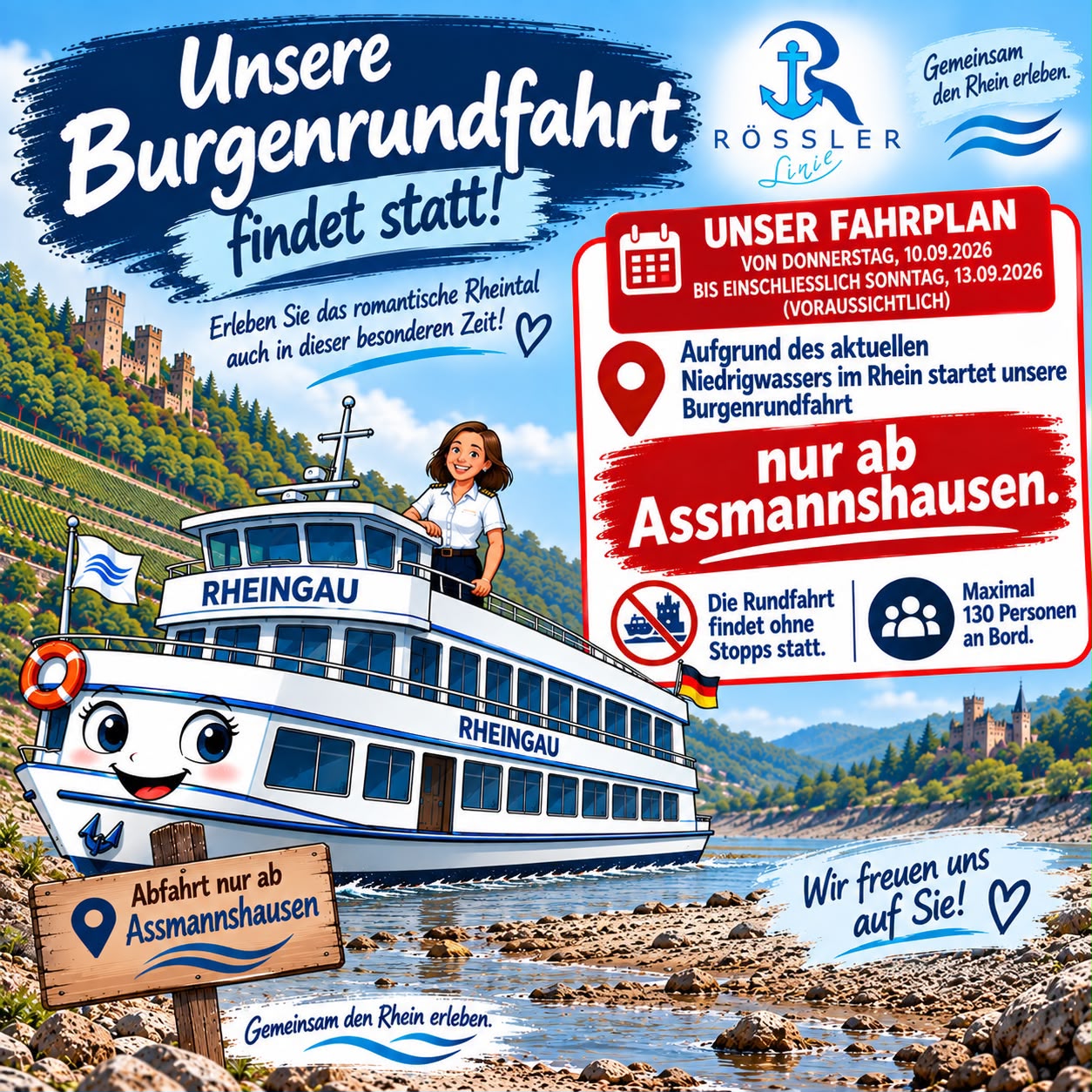 Fahrplan Burgenrundfahrt Niedrigwasser ab Assmannshausen