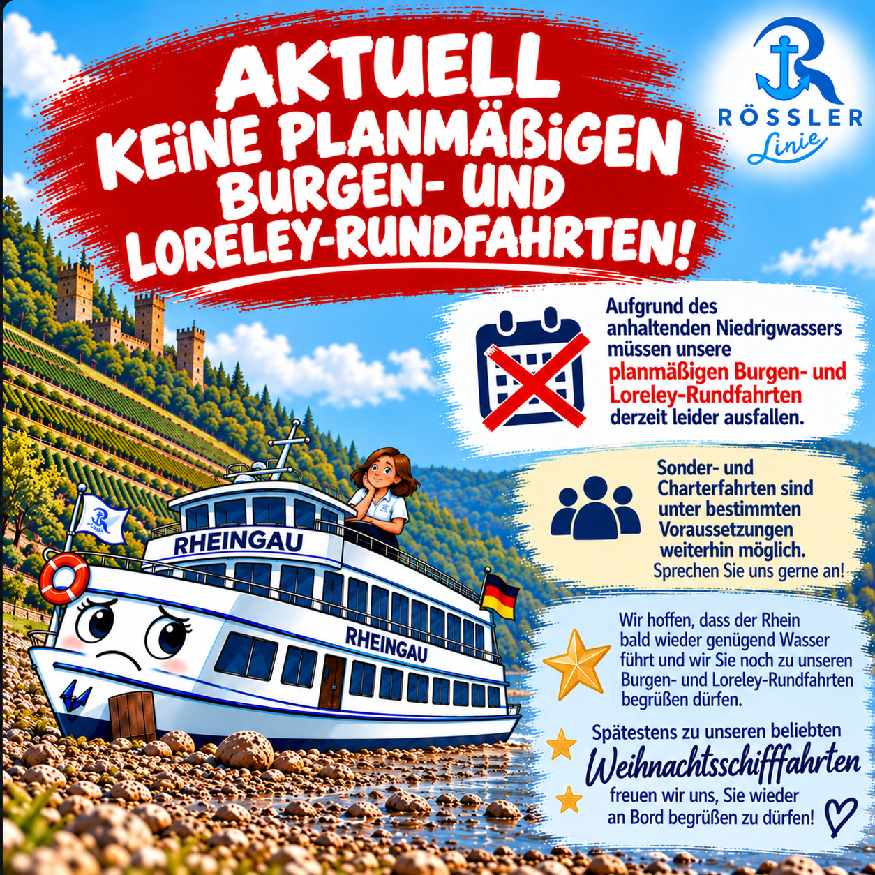 Niedrigwasser extrem - keine Rundfahrten - Events und Charter auf Anfrage